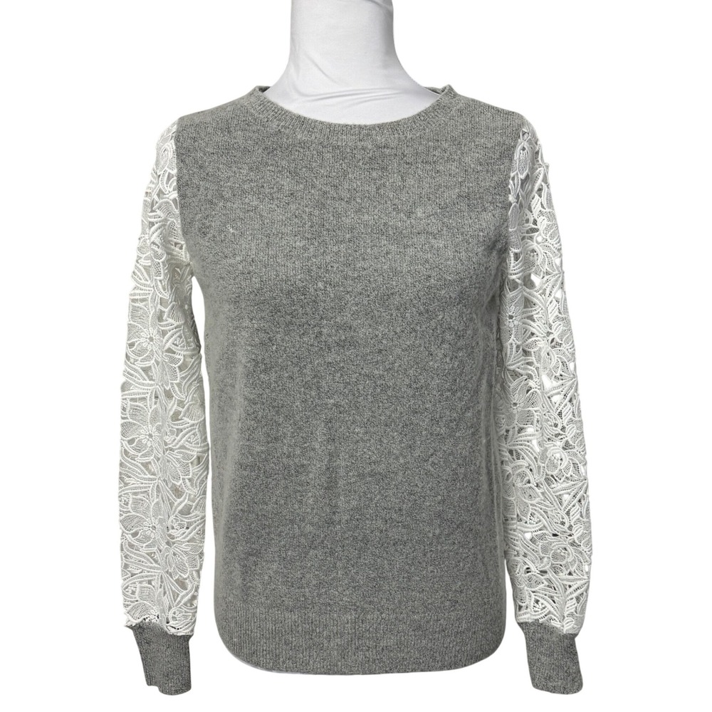 Halogen Women Knit Sweater Lace Sleeve Crew Neck Romanic Feminine Soft Gray Sz S